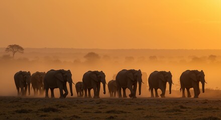 Elephant herd walking through golden dust at sunset, powerful migration scene for conservation messages, travel stories, education, backgrounds