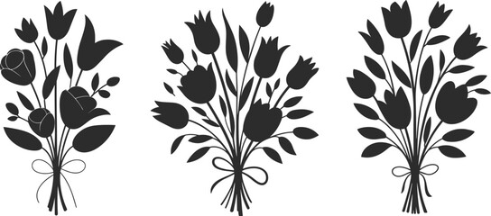 Floral bouquet silhouette vector, tulip flower bundle clipart, elegant botanical illustration, spring blossom black design, wedding decor graphic