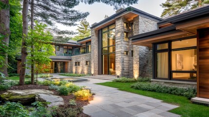 Luxury Home Exterior with Stone Facade, Landscaped Garden, and Modern Architectural Design in Residential Area