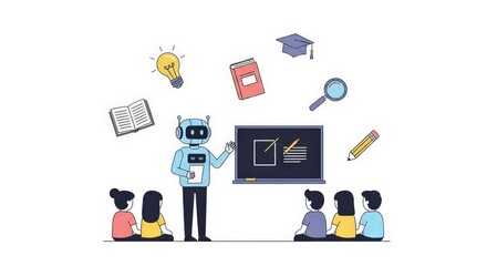 Minimalist Vector Illustration of AI Robot Teaching Class to Diverse Students