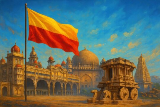 Karnataka state day with waving flag and famous monuments.
