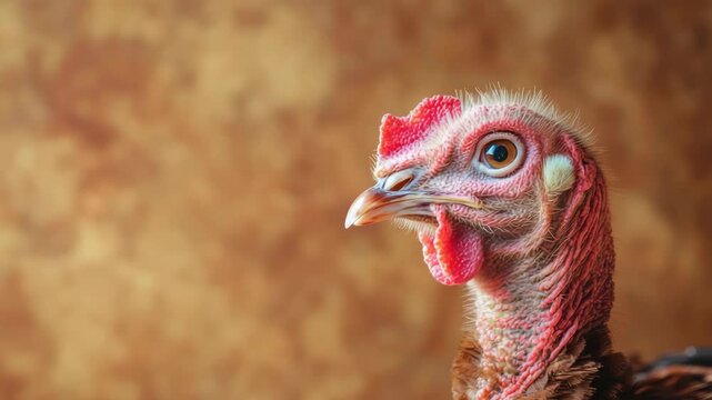 Close-up of turkey's head with detailed feathers against brown background