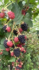 Close-up of Ripe Blackberries with Black and Red Berries on a Bush. Summer Harvest of Fresh Berries