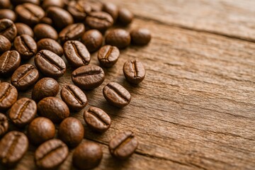 Naklejka premium Roasted Coffee Beans on Rustic Wood Table Top Close Up for Food and Drink Concepts