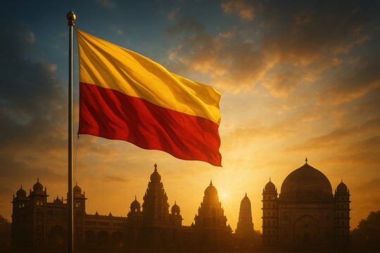 Karnataka state day with waving flag and famous monuments silhouettes.
