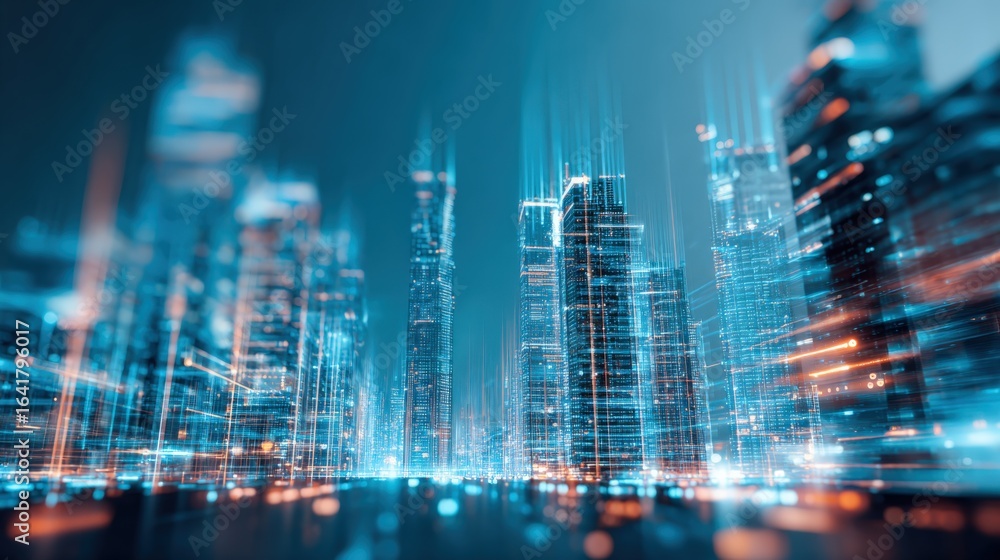Poster Abstract Cityscape Visualization with Blue and Orange Lines Representing Data Flow and Digital Connectivity
