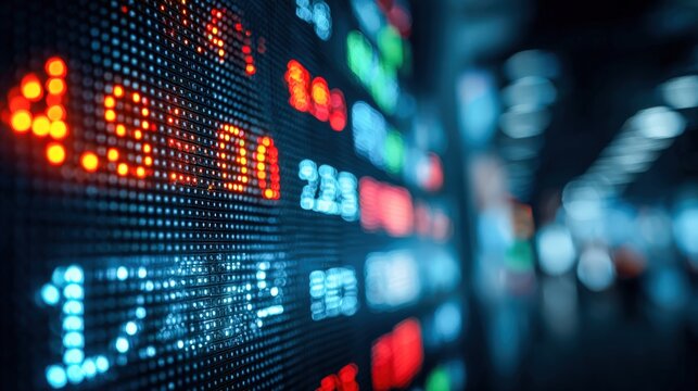 Financial Market Data Display: Stock Exchange Information on LED Screen Showing Real-Time Stock Prices