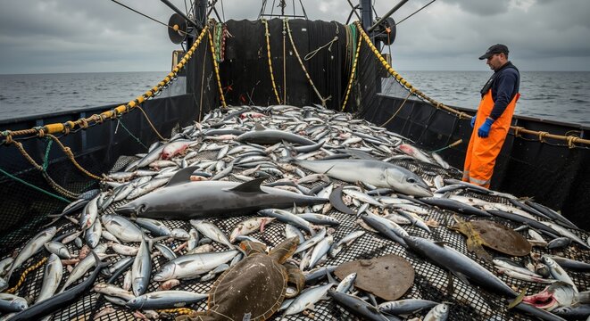 Trawler deck piled with mixed catch, crew inspecting haul, commercial fishing pressure and bycatch issue for news, policy, conservation, industry briefs