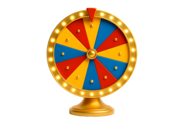 Golden prize wheel with red blue yellow segments isolated on a transparent background game wheel