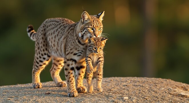 Bobcat mother guiding kitten on sunlit rock, protective stride, North American wildlife family scene for conservation stories, education, travel, posters