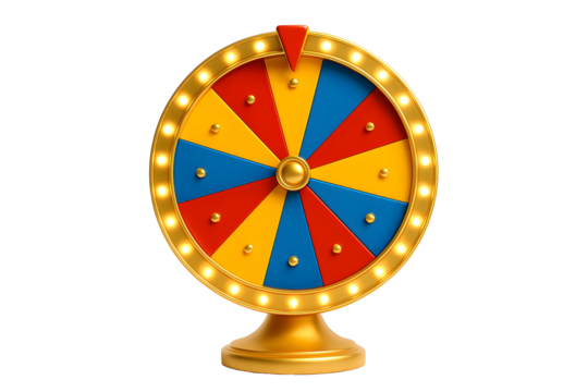 Golden prize wheel with red blue yellow segments isolated on a transparent background game wheel
