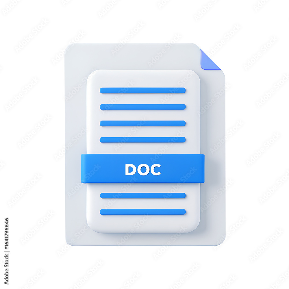 Fototapete 3d render of a document file icon with doc label isolated on transparent background