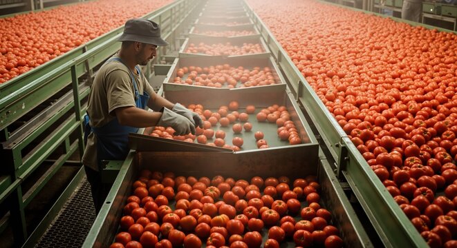 Worker sorting ripe tomatoes on processing line, clean factory, food safety and quality control, efficient production, fresh harvest, space for message