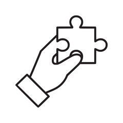 A hand holding a puzzle piece in a simple line drawing style on a white isolated background art