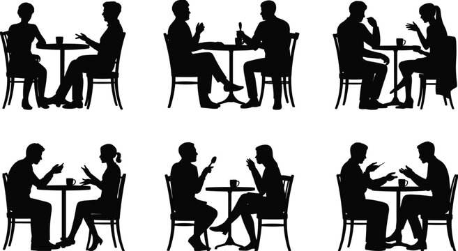 PrintSilhouette couple, friends talking, man woman communication, restaurant café interaction, sitting at table, casual conversation, black vector illustration