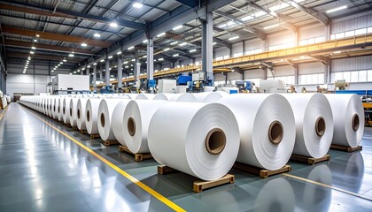 Rows of large paper rolls in a clean, brightly lit factory