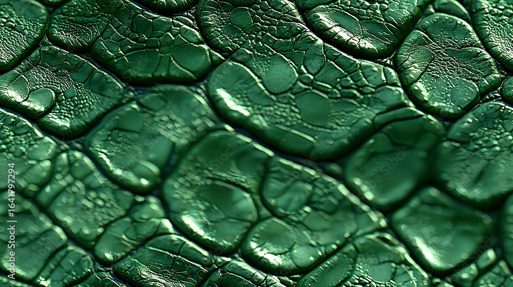 Poster macro view of emerald green reptile skin texture with detailed scales, cracks and natural patterns. 