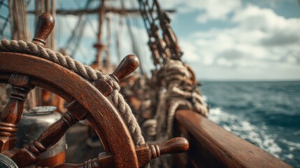 Vintage Sailing Ship: Close-up of Wooden Wheel and Ropes on the Open Ocean Adventure