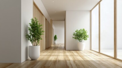 Fototapeta premium Bright Modern Interior with Wooden Floor, Plants, and Large Windows in a Minimalist Design