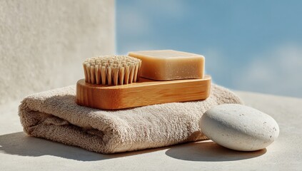 A serene composition of a folded towel, bar of soap, grooming brush, and pebble against a backdrop of soft shadows and gentle light, creating a sense of relaxation and wellness.