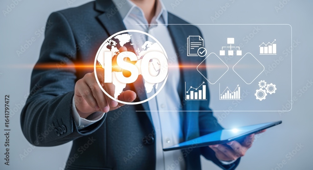 Poster man touching virtual interface with icons representing global standardization, quality control and b