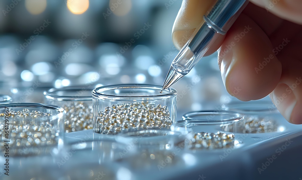 Aufkleber laboratory research with micropipette dropping liquid into well plate containing metallic silver bal