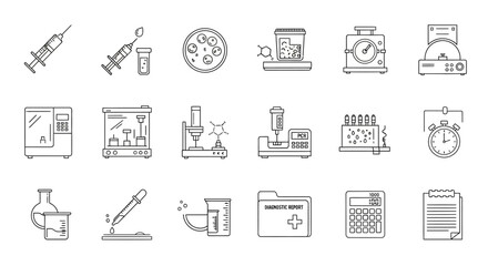 Minimalist outline icon set: Medical research equipment & lab tools