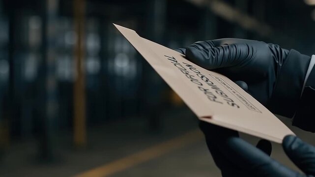Official submission envelope held by hand with black glove, security sealed confidential document package for secure delivery in blurred background ensuring privacy and protection