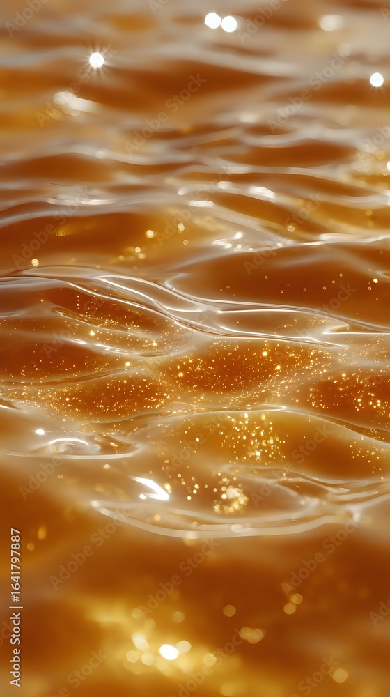 Poster shimmering golden liquid surface with sparkling particles and gentle waves creating a luxurious cara