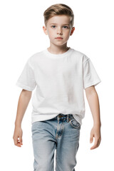 Little boy wearing white t-shirt and blue jeans, isolated on transparent background