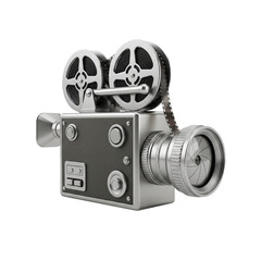 Silver vintage movie camera with film reel, lens, and details for filmmaking on transparent...