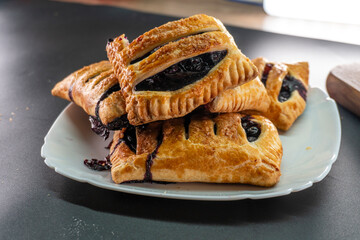 Blueberry and Apricot Jam Puff Pastry. Dessert. Bread