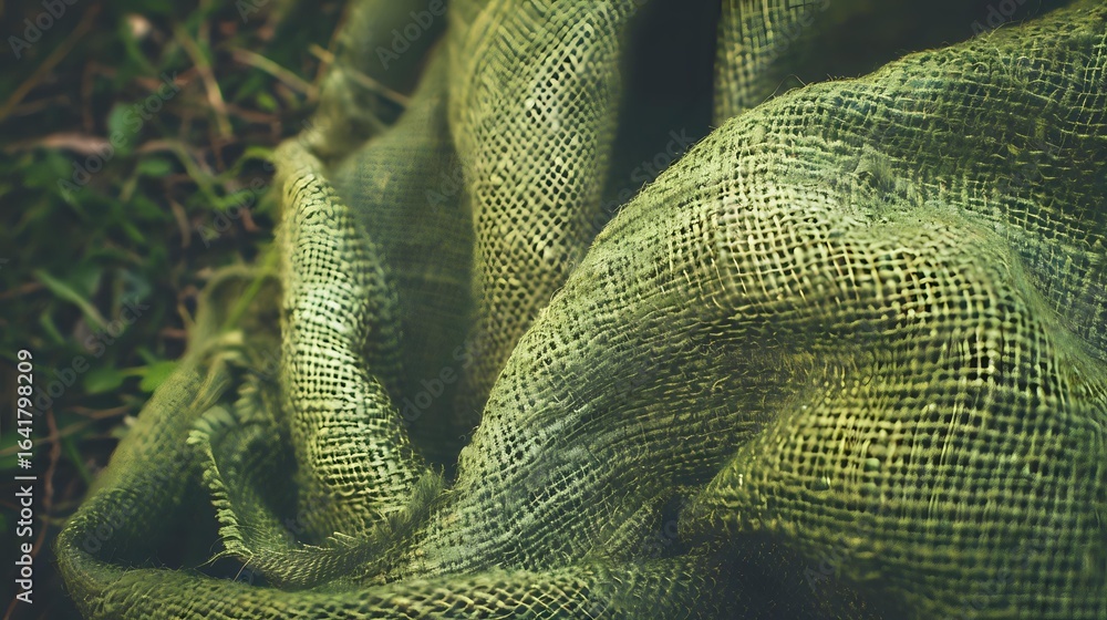 Poster textured green burlap fabric with natural folds and wrinkles creating an organic pattern, captured i