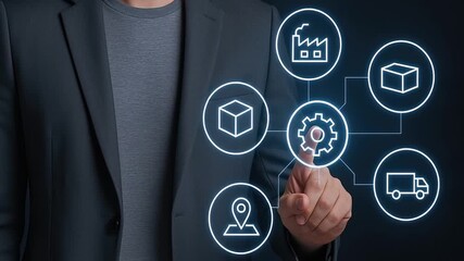 Supply chain management business technology logistics factory package location truck gear icons network industrial automation efficient digital system integration - Powered by Adobe
