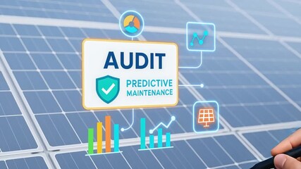 Audit predictive maintenance concept featuring hand holding pen with solar panel background, digital icons, data analysis, technology enhancing energy efficiency and monitoring for optimal performance - Powered by Adobe