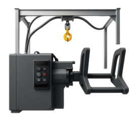 Wire forming machine with an overhead crane attachment for handling large wire coils in a heavy machinery plant