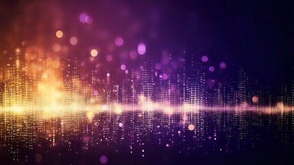 Obraz premium Abstract digital sound wave equalizer with glowing purple and orange lights reflecting on dark background, creating futuristic city skyline effect.