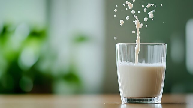 Splash of milk creating crown-shaped droplets in tall glass against green blurred background, dynamic liquid motion captured in high-speed photography. - Powered by Adobe