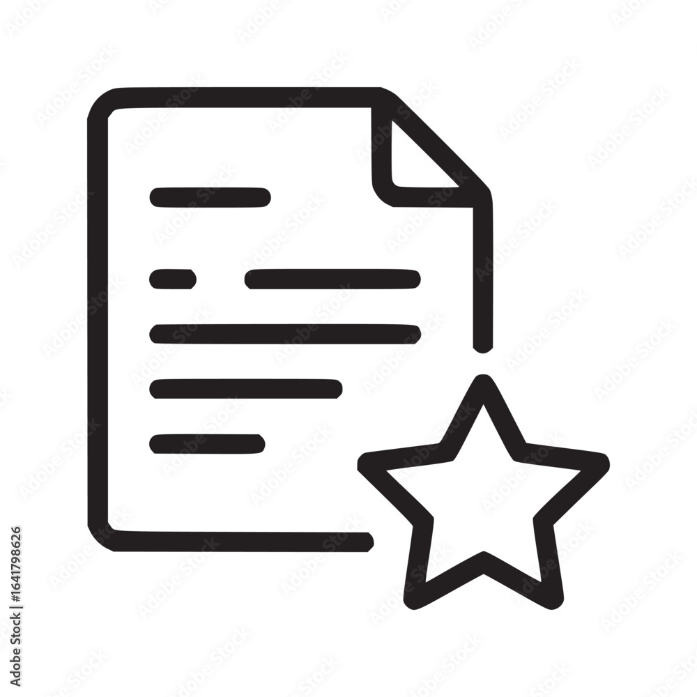 Poster a document icon with lines of text and a star icon next to it in black and white outline style