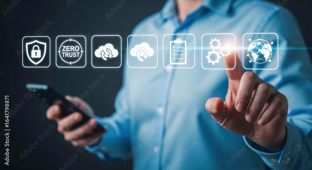 Poster cybersecurity solutions and digital transformation: man interacting with virtual interface on mobile