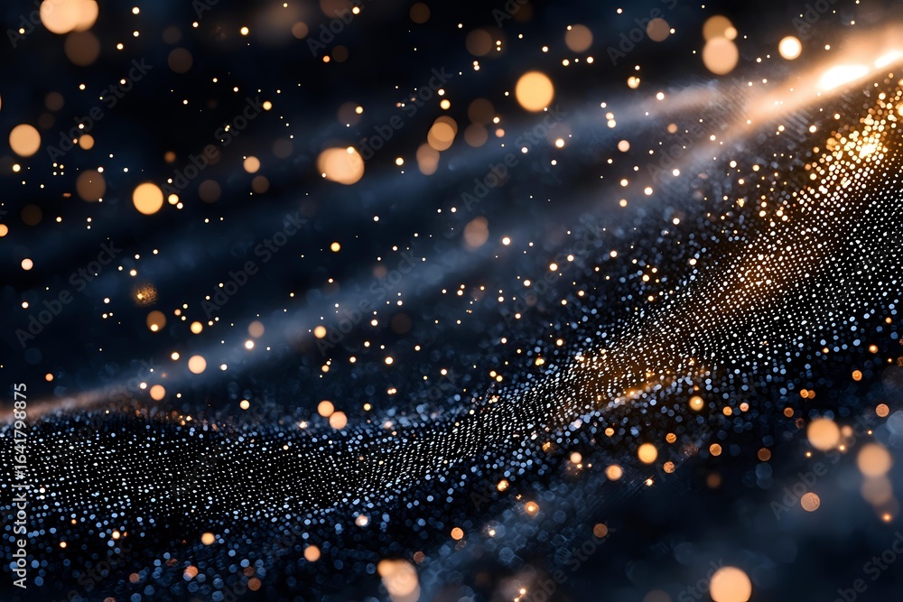 Poster glowing golden particles and bokeh lights on dark background with shimmering wave pattern creating m