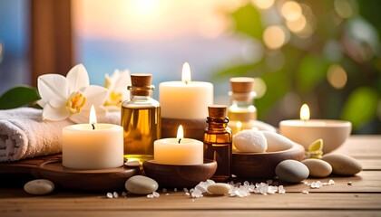 Spa still life with candles and oils