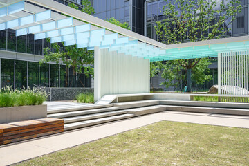 empty grass ground with modern building