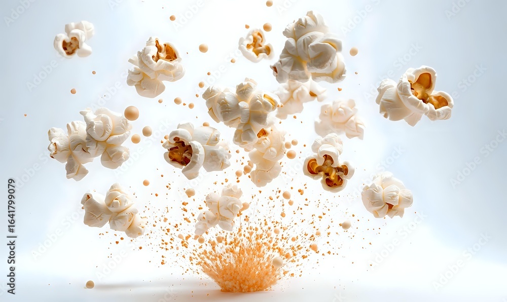 Poster Explosive popcorn kernels bursting with dynamic motion against light background, capturing moment of transformation with golden butter droplets and white fluffy pieces.