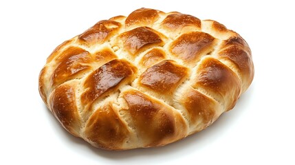 Fresh baked round braided bread loaf with golden brown crust and glossy surface on white background, isolated for easy design integration in food packaging.