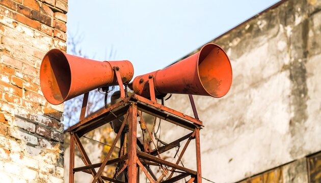 Rusty orange dual loudspeakers mounted on aged metal structure against weathered brick and concrete buildings - Powered by Adobe