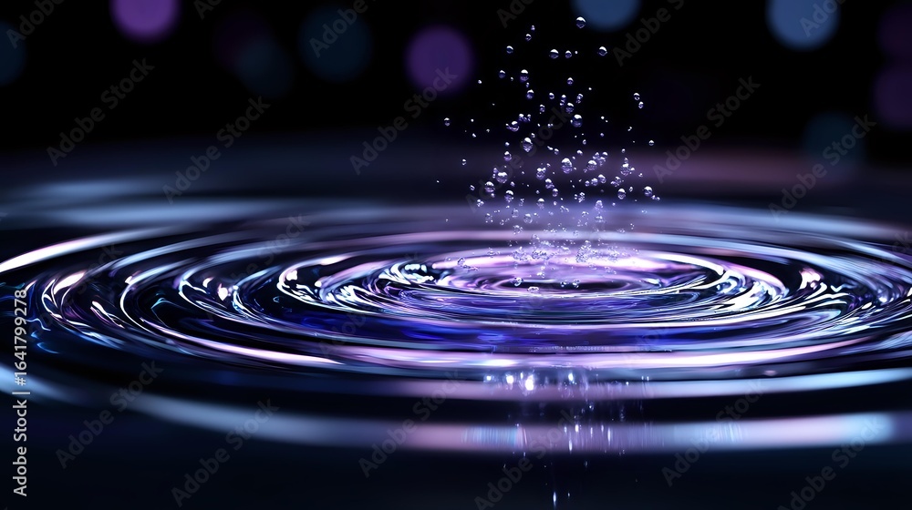 Poster water drop splash creating concentric ripples on dark surface with purple and blue bokeh lights, fro
