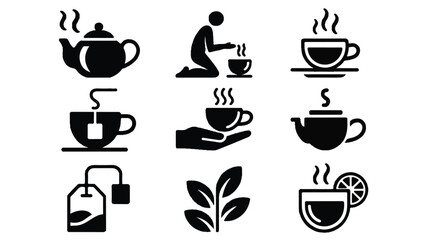 Black and White Tea Icons Set Offering Relaxation and Comfort with Hot Beverages and Aromatic Leaves Illustrations