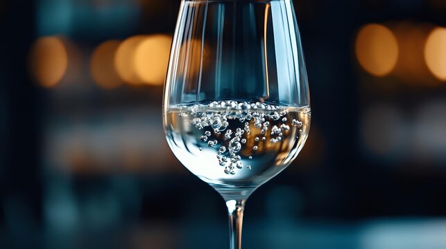 Elegant wine glass filled with sparkling liquid and rising bubbles against blurred warm bokeh background creates luxurious atmosphere for restaurant menu design. - Powered by Adobe