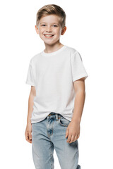Little boy wearing white t-shirt and blue jeans, isolated on transparent background